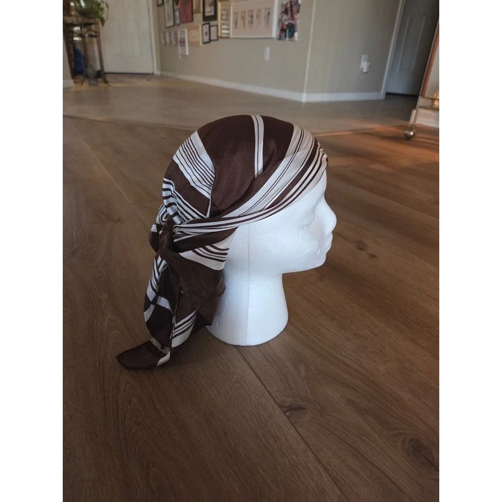 Echo Vintage 1970s Silk Brown and Cream Diagonal Stripe Square Scarf